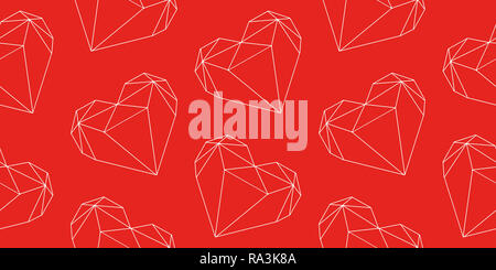 Illustrazione grafica poligonale a forma di diamante cuore delinea seamless pattern luminoso su sfondo rosso Foto Stock