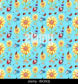 La carta di avvolgimento, lo sfondo, lo sfondo è blu, seamless pattern, prato selvatico, girasoli, fiori di prato, coleotteri, bombi api Foto Stock