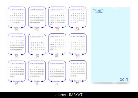 2019 Calendario dell'anno, settimana di inizio Domenica. Dodici fogli con un con un verticale etichetta vuota per le note. Illustrazione Vettoriale
