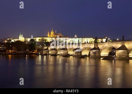 Il Castello di Praga e Ponte Carlo di notte, Moldavia, Praga, Repubblica Ceca Foto Stock