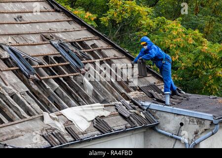 Demolizione di un vecchio edificio residenziale, qui nuovi alloggi in affitto sono costruiti, Essen, lavoratore in tuta protettiva di smantellare le Foto Stock