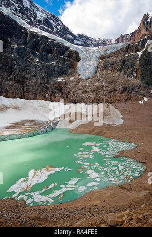 Angel Glacier e al di sotto di Cavell ghiacciaio con il suo laghetto e iceberg galleggianti, il Monte Edith Cavell, Jasper National Park, montagne rocciose, Alberta, Canada Foto Stock