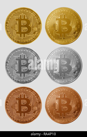 Gruppo di Bitcoin cryptocurrency in oro, argento, rame colori isolati su sfondo bianco. Alta risoluzione per ritoccare o graphic design Foto Stock