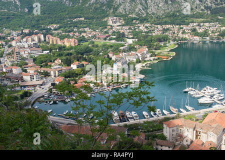 Vedute lungo la Baia di Kotor dai merli del castello e fortini al di sopra di Kotor, Montenegro Foto Stock