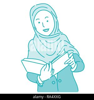 Le donne musulmane di indossare il hijab in possesso di un libro, stile cartoon, per il business e il concetto di istruzione - illustrazione vettoriale design piatto Illustrazione Vettoriale