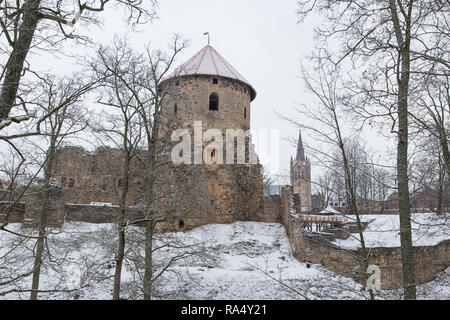 Città Cesis, Lettonia. Città vecchia di castelli, il parco e la veduta urbana. Inverno e neve. Foto di viaggio 2018, 31. dicembre. Foto Stock