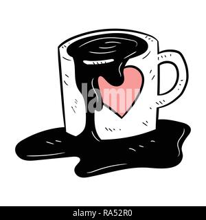 Isolato fuoriuscita di caffè dalla tazza di caffè su sfondo bianco, illustrazione vettoriale Illustrazione Vettoriale