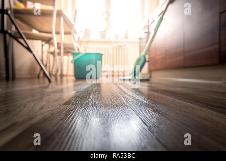 Tergi sporco pavimento in legno da bagnato tergivetro mop, lavori di casa Foto Stock
