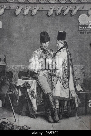 Digital riproduzione migliorata, sassone sposa e lo sposo in costume tradizionale, dal villaggio Wallendorf vicino Bistritz, Sassonia, Germania, sächsisches Brautpaar in Tracht, aus dem Dorfe Wallendorf bei Bistritz, Sachsen, Deutschland, ora Gmina Domaszowice, Polonia, a partire da un originale di stampa dall'anno 1865, XIX secolo, Foto Stock