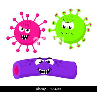 Set di arrabbiato funny batteri e germi in stile cartoon isolati su sfondo bianco. Divertente personaggio dei fumetti. Bad microbi. Illustrazione Vettoriale