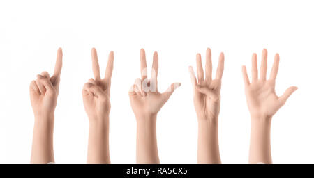 Collage di donna che mostra i numeri con le mani isolato su bianco Foto Stock