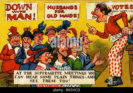 Anti-suffragio, cartolina a colori, con una illustrazione satirica raffigurante una donna matura, con denti di buck, parlando a un gruppo di poco attraente, le donne di mezza età, con poster su una parete in background leggere 'Dproprio con l'uomo!" e "mariti per vecchie zitelle!' e la didascalia sprezzanti "all'suffragette incontri puoi ascoltare alcune semplici cose - e li vede troppo!" pubblicato per il mercato britannico, 1900. () Foto Stock