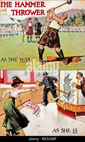 Anti-Suffrage, colore cartolina, in due registri, raffiguranti (superiore), un uomo che indossa un kilt in tartan e top senza maniche, oscillare un martello in un martello scozzese-gettando la concorrenza, con la dizione "il martello Thrower come "lui" fu, ' e (fondo) un suffragist, indossando un verde Edwardian gonna, camicetta bianca e grandi hat, allegramente hockey irlandese un martello attraverso un vetro di finestra del negozio, con la dizione "come lei è, ' pubblicato per il mercato britannico, 1900. () Foto Stock