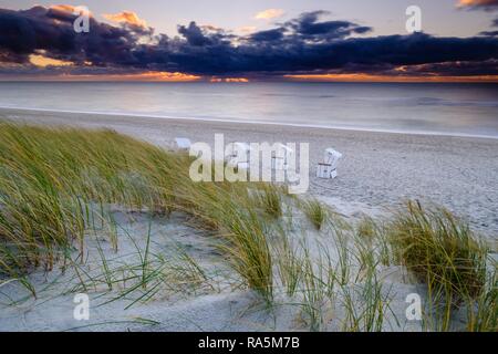 Sedie a sdraio in spiaggia occidentale di Hörnum nella luce della sera, Sylt, Nordfriesland, Schleswig-Holstein, Germania Foto Stock