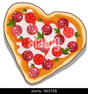 Una deliziosa pizza a forma di cuore isolato su sfondo bianco. Vector cartoon close-up illustrazione. Illustrazione Vettoriale