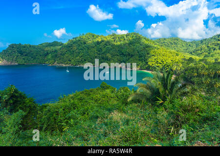 Inglese's Bay sull'isola tropicale di Tobago nei Caraibi, West Indies. Cielo azzurro e il mare in questa baia isolata, Paesaggio Foto Stock