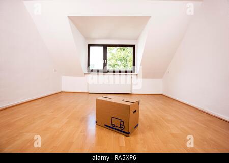 Scatola di movimentazione sul pavimento di una stanza vuota di un appartamento loft Foto Stock
