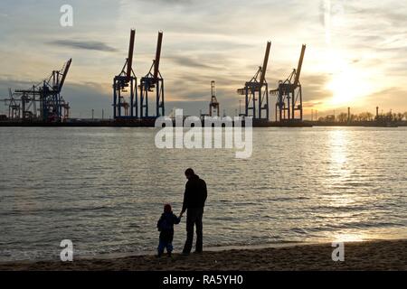 Uomo e bambino in piedi sulla riva di fronte Gantry cranes, Container Terminal Burchardkai, Hamburg-Port, Hamburg, Amburgo Foto Stock