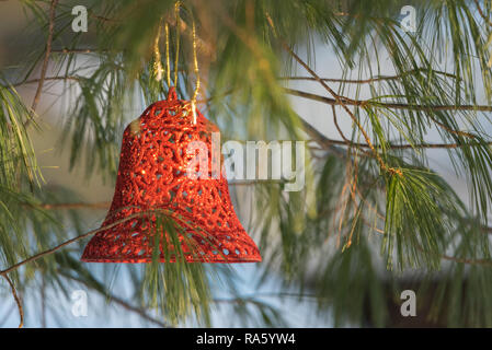 La luce del sole splende sulla campana di Natale ornamento esterno appeso su un albero di pino d'inverno. Foto Stock