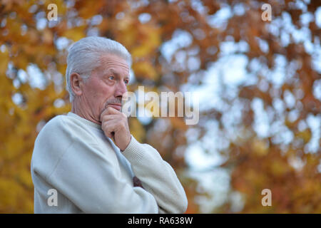 Riflessivo senior uomo su blured autunno sfondo della foresta Foto Stock