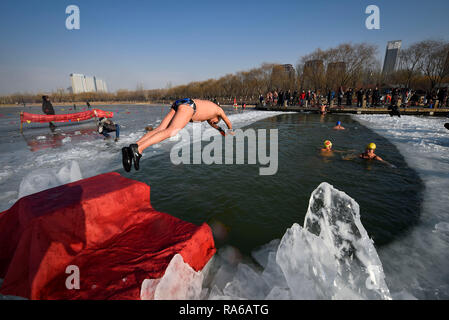 Pechino, la Cina del Ningxia Hui Regione autonoma. 1a gen, 2019. In inverno gli amanti del nuoto nuotare nel lago Beita a Yinchuan, capitale del nord-ovest della Cina di Ningxia Hui Regione autonoma, 1 gennaio, 2019. Credito: Feng Kaihua/Xinhua/Alamy Live News Foto Stock