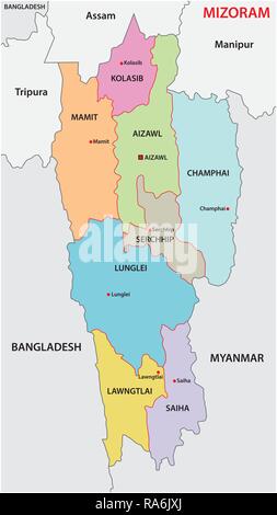 Il Mizoram (nord-est) politica e amministrativa di mappa vettoriale Illustrazione Vettoriale