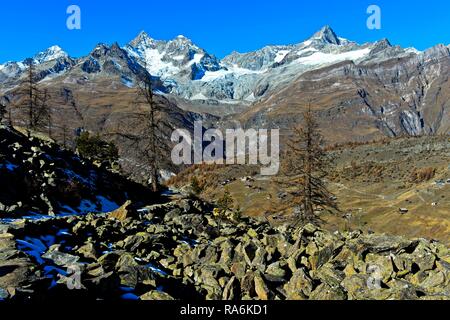 Area escursionistica Zermattt, torna da sinistra a destra Dent Blanche, Ober Gabelhorn, Gabelhorn ghiacciaio, Wellenkuppe, Trift Glacier Foto Stock