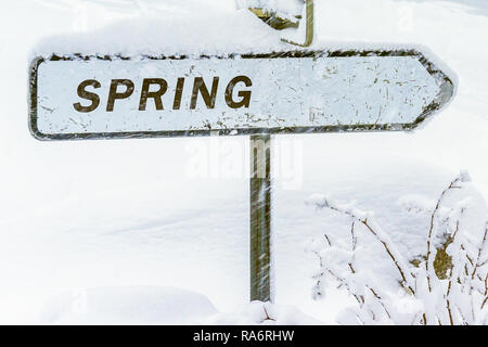 Spring direction sign covered with snow in winter. Season concepts. End of winter, beginning of Spring. Foto Stock