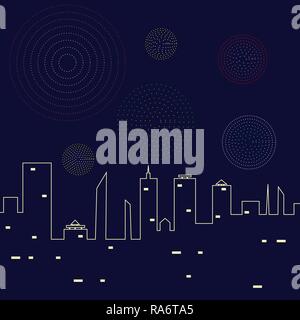 Fuochi d'artificio nella notte il cielo sopra la città illustrazione vettoriale. stelle,skyline e salutate 10 eps Illustrazione Vettoriale