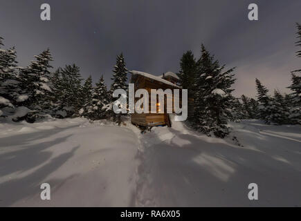 Panorama casa chalet durante una nevicata nel gli alberi della foresta di inverno di notte al chiaro di luna Foto Stock