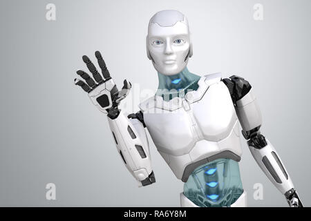 Saluto onde robot la sua mano su uno sfondo grigio chiaro. 3D illustrazione Foto Stock