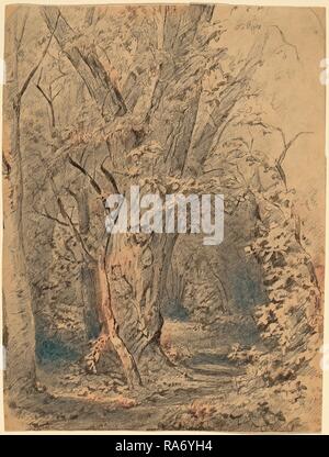 Walter Shirlaw, albero e fogliame, americano, 1838 - 1909, probabilmente c. 1873, Grafite su carta intessuta. Reinventato Foto Stock