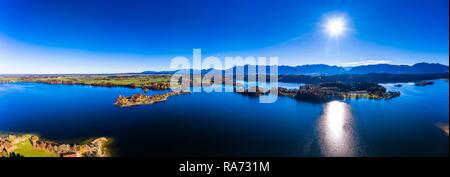 Vista aerea, lago Staffelsee con isole, Rieden, regione Garmisch Partenkirchen, Alta Baviera, Baviera, Germania Foto Stock