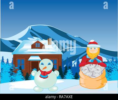 Santa con la lettera sullo sfondo della casetta in legno di inverno Illustrazione Vettoriale