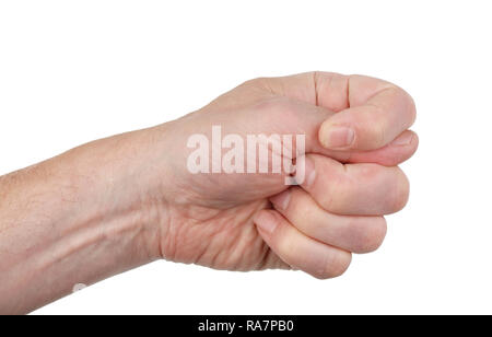 Segno di fico- pugno con il pollice, incastrato tra l'indice e il Medio in segno di disprezzo e di scherno. Isolato su bianco studio shot macro Foto Stock