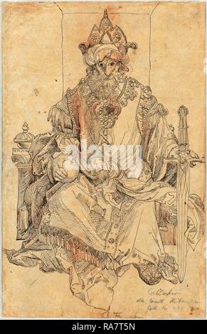 Albrecht Dürer, un righello orientali seduto sul trono, Tedesco, 1471 - 1528, c. 1495, a penna e inchiostro nero su carta vergata reinventato Foto Stock