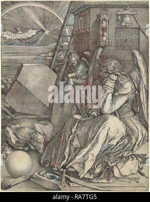 Albrecht Dürer (tedesco, 1471 - 1528), Melencolia I, 1514, incisioni su carta vergata. Reinventato da Gibon. Arte Classica reinventato Foto Stock