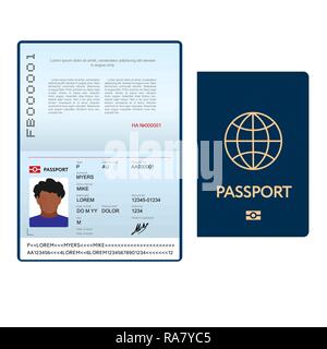 Aperto internazionale modello di passaporto con coperchio blu Illustrazione Vettoriale