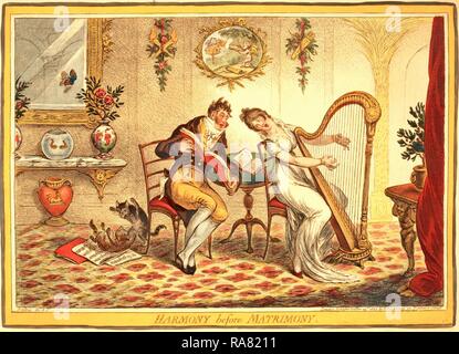 Armonia prima del matrimonio, Gillray James, 1756-1815, incisore, [Londra], 1805, una giovane donna e un elegantemente reinventato Foto Stock