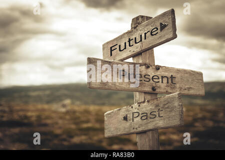 Futuro, presente e passato signpost. Natura e avventura, messaggio, testo, concetto preventivo. Foto Stock