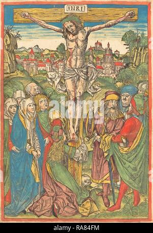 Attribuito a Michael Wolgemut (tedesco, 1434 - 1519), la Crocifissione con Santa Maria Maddalena, c. 1490, mano- reinventato Foto Stock