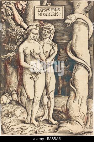 Hans Baldung Grien (Tedesco, 1484-1485 - 1545), Adamo ed Eva, 1511, incisione a legno in chiaroscuro. Reinventato da Gibon. Classic reinventato Foto Stock