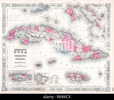1864, Johnson Mappa di Cuba, Giamaica, Bahamas e Puerto Rico. Reinventato da Gibon. Arte Classica con un moderno reinventato Foto Stock