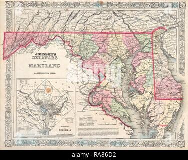 1864, Johnson Mappa del Maryland e Delaware. Reinventato da Gibon. Arte Classica con un tocco di moderno reinventato Foto Stock