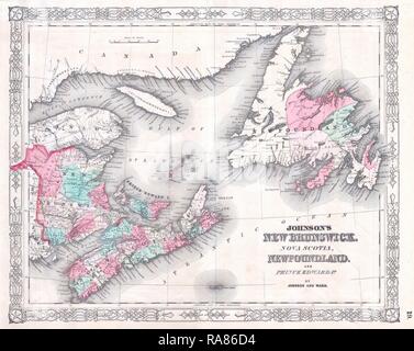 1864, Johnson mappa di New Brunswick, Nova Scotia e Terranova, Canada. Reinventato da Gibon. Arte Classica con un reinventato Foto Stock