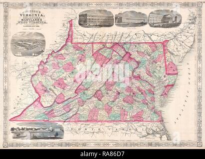 1864, Johnson Mappa della Virginia, Delaware, Maryland e Virginia Occidentale. Reinventato da Gibon. Arte Classica con un moderno reinventato Foto Stock