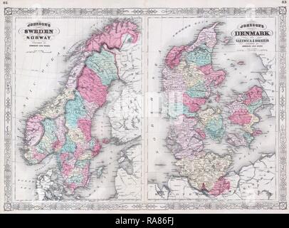 1865, Johnson Mappa di Svezia, Norvegia e Danimarca. Reinventato da Gibon. Arte Classica con un tocco di moderno reinventato Foto Stock