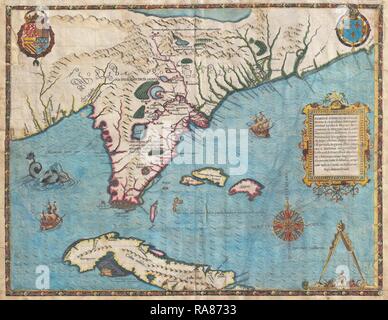 1591, De Bry e Le Moyne Mappa della Florida e Cuba. Reinventato da Gibon. Arte Classica con un tocco di moderno reinventato Foto Stock