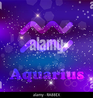 Aquarius segno zodiacale e costellazione su una cosmic blu scuro dello sfondo viola con stelle luccicanti e nebulosa. illustrazione, banner, poster, card. Sp Foto Stock