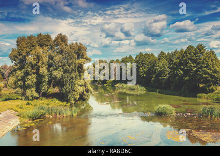 Fiume calmo con alberi sulle rive Foto Stock